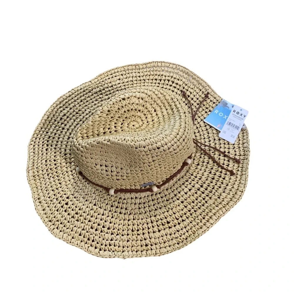 New Roxy Womens M/L Cherish Summer Natural Straw Sun Hat Beads Beach Boho